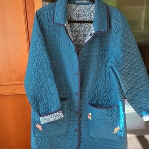 Lands' End Teal Quilted Jacket with White Floral Pattern